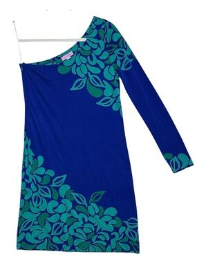 Lilly Pulitzer S One Shoulder Silk Blend Graphic Leaf Print Knit Dress Colorful